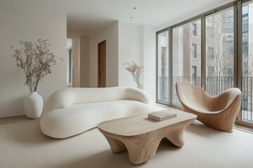 Sculptural minimalist living room featuring organic furniture and natural light in a modern urban apartment