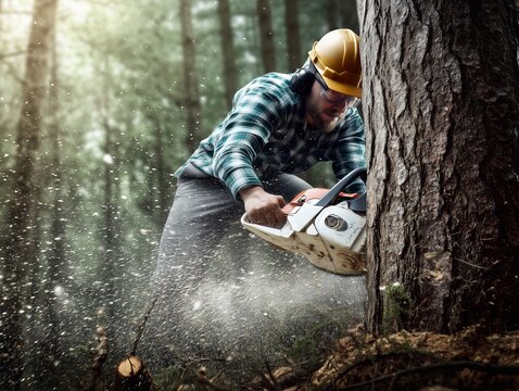 Lumberjack poacher with chainsaw near tree in forest destroys forest
