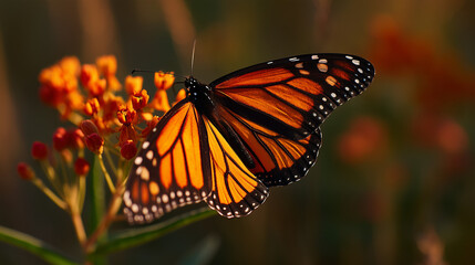 Fototapeta premium A vibrant monarch butterfly gracefully perched on delicate orange blossoms, captured in a moment of natural beauty.