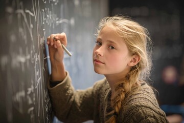 A young student, focused on solving mathematical equations written on a chalkboard.
