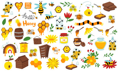 A set of flat flowers for honey and beekeeping. Jars, honey, honeycombs, a beehive. Funny little bee. Flowers, sunflower. Fresh products from an organic eco-farm and flower arrangements. Color shades