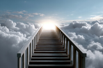 Obraz premium Stairway leading through clouds to bright glowing light, symbolizing heavenly or spiritual journey with peaceful and uplifting atmosphere