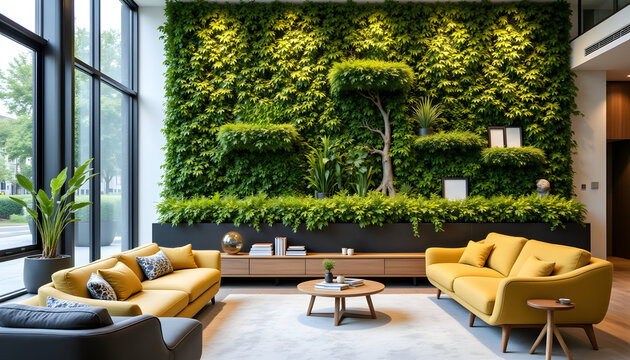 An uncluttered workplace utilizes a restrained aesthetic, focusing on functionality and simplicity. Indoor walls of vegetation provide a vibrant focal point, introducing texture and life