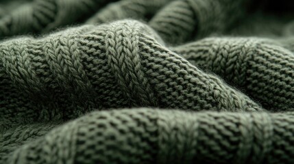 Close-up view of textured, olive-green cable knit fabric.