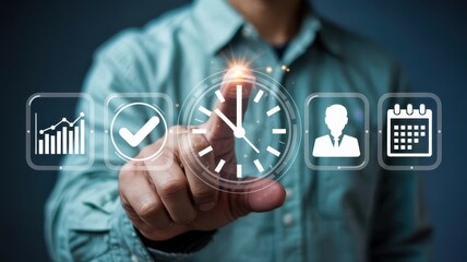 Person interacting with digital time management interface.