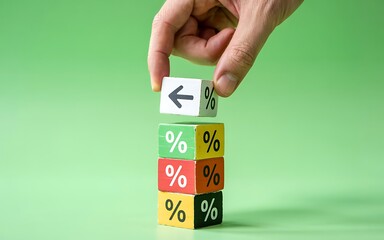 Percentage Reduction Concept Hand Placing Block On Stack Depicting Decrease In Discount Rates On Green Background