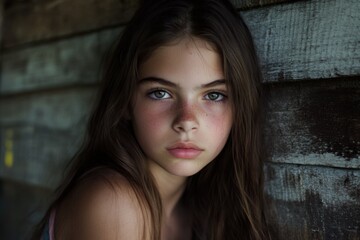 Fototapeta premium Captivating gaze of a young girl surrounded by rustic wooden textures in a serene moment