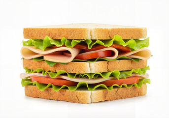 Double layer sandwich with turkey, tomato and lettuce for food delivery ads and menu design