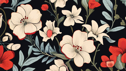 Retro floral wallpaper. A seamless pattern background with flowers and leaves. Floral background. 