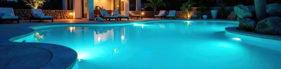 Azure pool, white underwater lights reflecting, depth, sparkling
