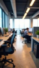 Blurred office cubicles, desks, and equipment , day, office space