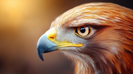 Golden phoenix eagle close-up with metallic feathers reflecting warm sunlight, divine power.