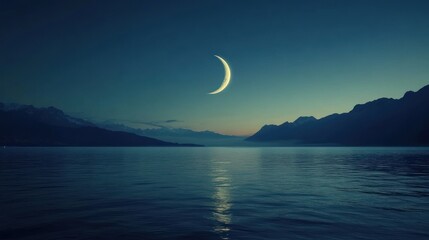 Crescent Moon Over Serene Mountain Lake