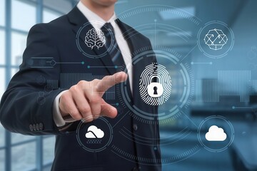 Businessperson interacting with digital security interface.