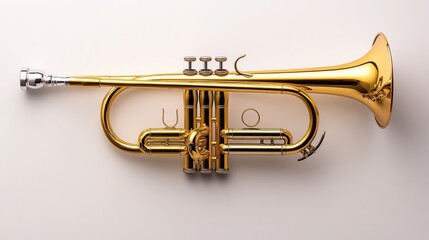 Obraz premium High-definition shot of a polished brass trumpet with intricate tubing, sharp highlights on an ideal white background.