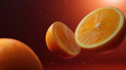 Fresh orange slices with juicy texture fall against dark orange background, creating vibrant and refreshing citrus scene full of bright color and natural detail