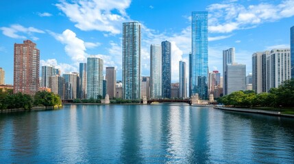 Fototapeta premium Modern high-rise buildings with reflective glass facades against blue sky