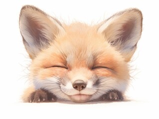 Fototapeta premium A sleepy baby fox portrait smiles happily on a white background