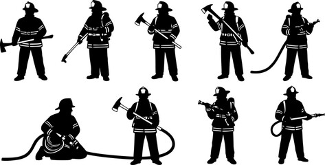 retro vintage firefighter silhouette black and white illustration, Classic Firefighter Illustration, Fire Brigade silhouette vector Illustration, Firefighter Heroes silhouettes