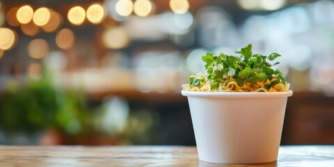 a dish of food in a white cup on a table in a restaurant 