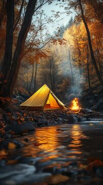 Video of autumn forest campsite with glowing tent, campfire, and river in peaceful nature landscape
