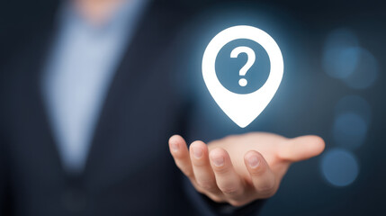 Question mark icon hand gesture business concept uncertainty help symbol communication technology information decision making support person blurred background digital interface symbol interaction
