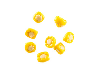 Fototapeta premium Sweet Corn Kernels Falling on a transparent background Isolated