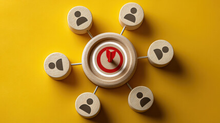 Wooden blocks with human icons connected to central target symbol on yellow background, representing teamwork and goal achievement in bright and engaging setting