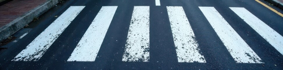 Fototapeta premium High angle view, white pedestrian stripes on dark asphalt roadway , city, white lines