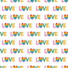 Rainbow love lettering seamless pattern. Happy pride minimalistic background with simple text. Hand drawn flat design vector illustration.
