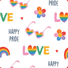 Pride celebration seamless pattern. Cute design with rainbow colors sunglasses, hearts, flowers and text. Happy pride background. Hand drawn flat design vector illustration.
