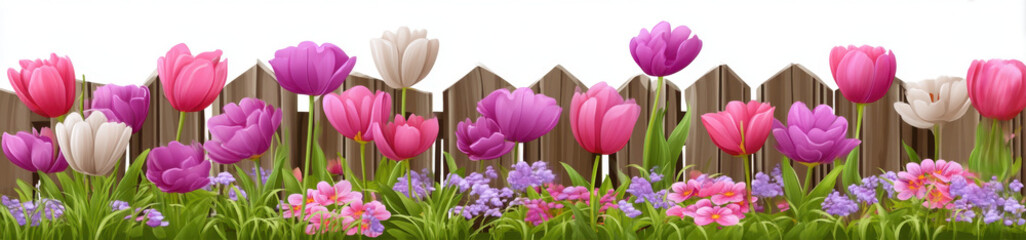 Tulips in pink, purple, and white bloom vibrantly behind wooden fence with green grass and small purple and pink flowers, creating lively and colorful garden scene