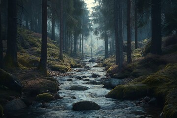 Rocky riverbed flowing water and moss ambient forest lighting detailed textures vertical composition photoreal forest stream