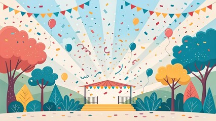 Colorful confetti fall on the podium. Realistic white podium with spotlights.
