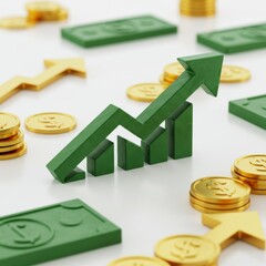 Green upswing arrow with gold coins and green money blocks on a white surface indicating growth