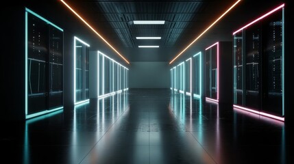 Modern server room with glowing neon lights and reflective floor in a symmetrical corridor