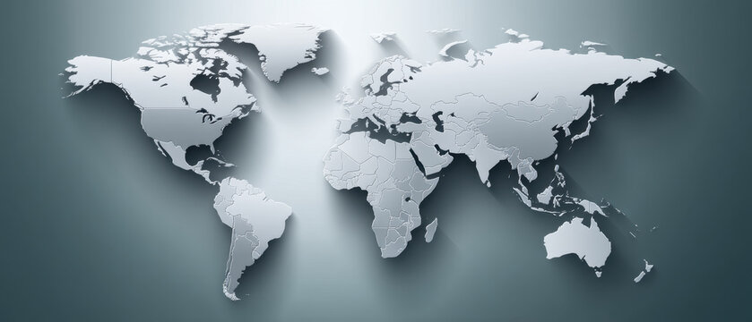 World map light grey blue gradient background with shadow effect, showing continents and countries in modern style, creating calm and professional atmosphere