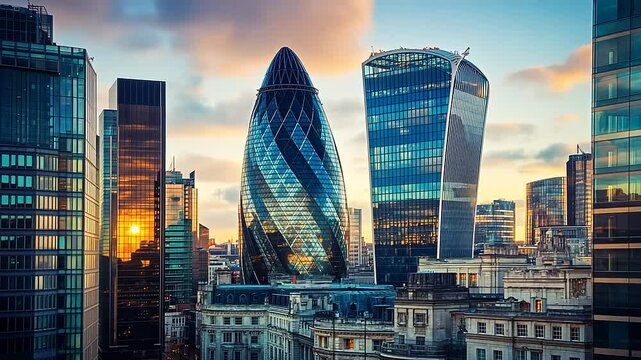 Stunning skyline view of modern skyscrapers at sunset showcasing architecture and urban life