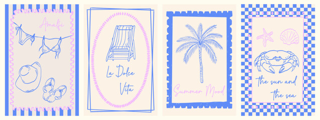 Summer vibes Italy. Hand draw vintage posters. Amalfi. Vacation vector illustrations in ink line doodle sketch style postage stamps with image. Symbols of relaxation, holiday mood, and ocean vibes.