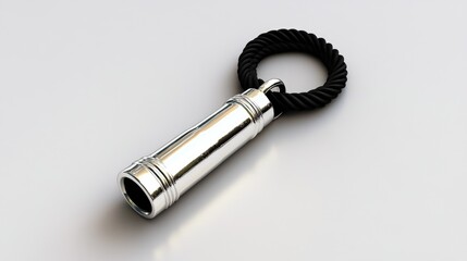 High-resolution image of a polished silver whistle with a black cord, isolated on an absolutely white background.