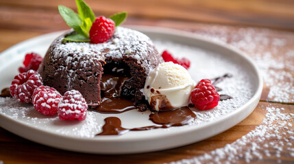 Decadent Chocolate Lava Cake: A Warm, Molten Center Flows Out, Adorned with Fresh Raspberries, Mint, and a Scoop of Vanilla Ice Cream, a Perfect Dessert.