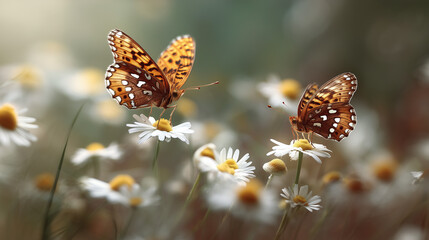 Two butterflies gracefully flutter amidst a field of daisies, their delicate wings adorned with intricate patterns as they gather nectar from the fresh blossoms.