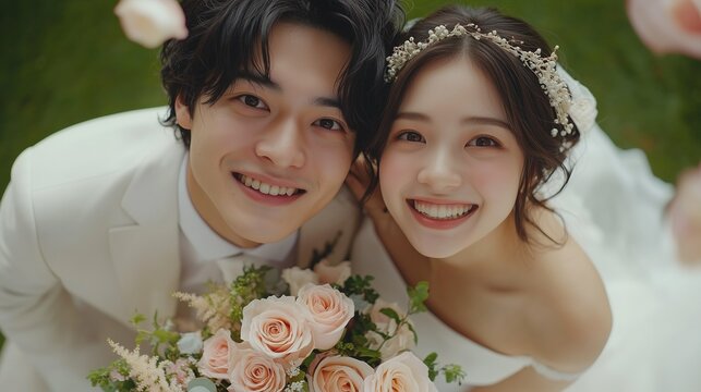 緑豊かな芝生の上で微笑む新郎新婦、花冠と淡いピンクのバラのブーケを持った自然光溢れるガーデンウェディングの幸せな一瞬・上空から撮影 -生成AI