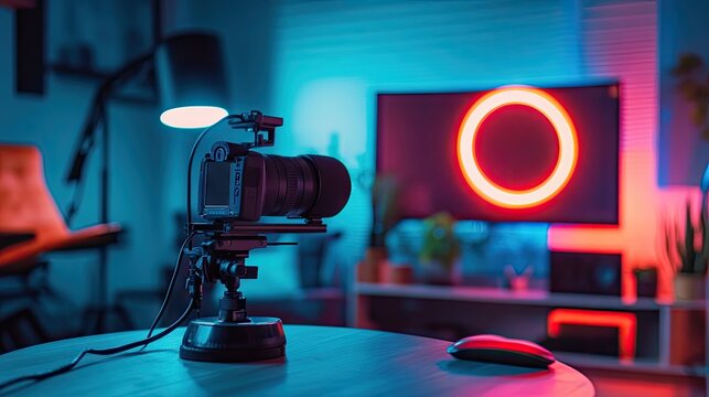 Compact vlogging setup with mini microphone and LED light on table