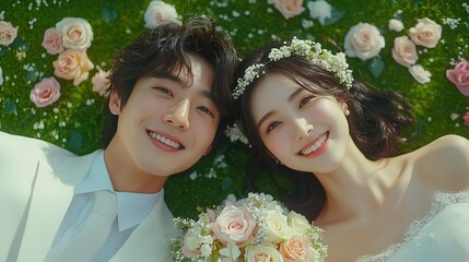 緑豊かな芝生の上で微笑む新郎新婦、花冠と淡いピンクのバラのブーケを持った自然光溢れるガーデンウェディングの幸せな一瞬・上空から撮影 -生成AI