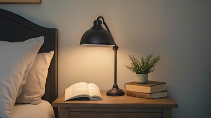 Decluttered nightstand with only one book and lamp neatly arranged