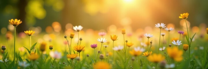 Fototapeta premium Sunlit wildflower meadow, soft focus, sunbeams , pastoral, wildflowers
