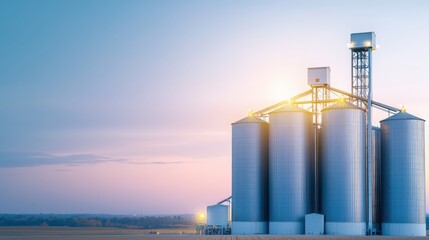 Obraz premium Modern industrial grain silos with storage towers under colorful sky at sunset in rural farmland environment for agricultural storage and farming industry