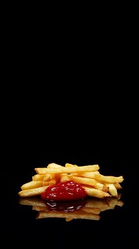 Crispy fresh french fries with ketchup on dark black background