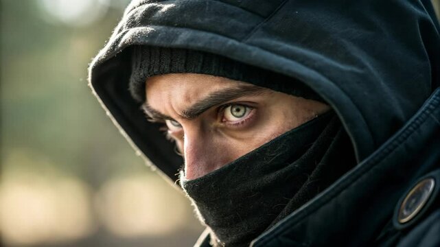A person with intense green eyes wearing a black hooded jacket and face covering, looking intently to the side.